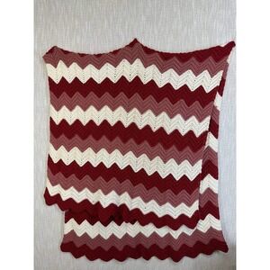 Vintage Crochet Ripple Afghan Blanket Burgundy Pink Cream Chevron Throw 009